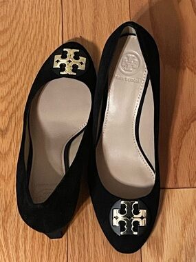 Tory Burch Black Suede Logo dressy wedges with Gold Emblem